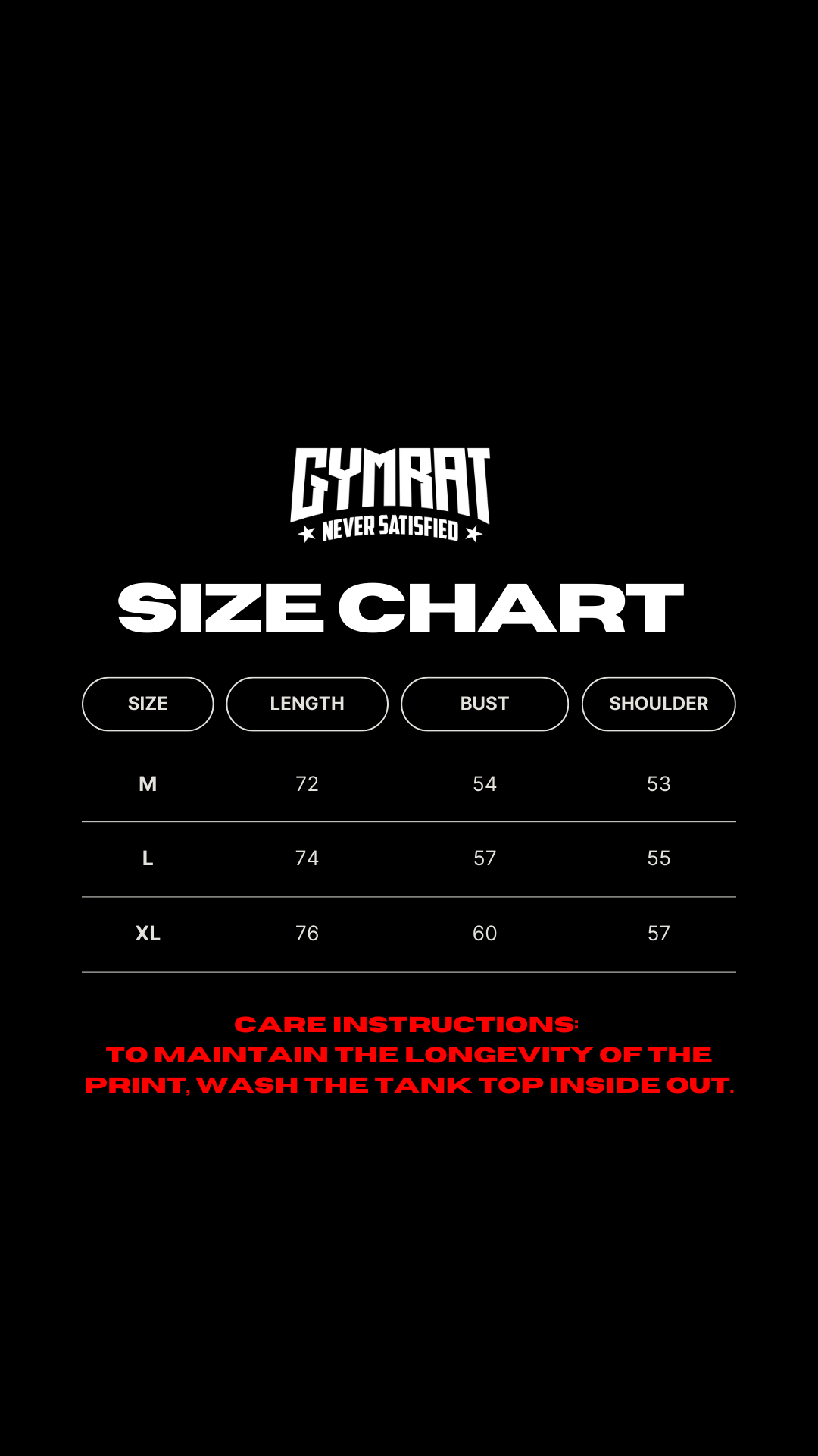 Gymrat TankTop sizechart